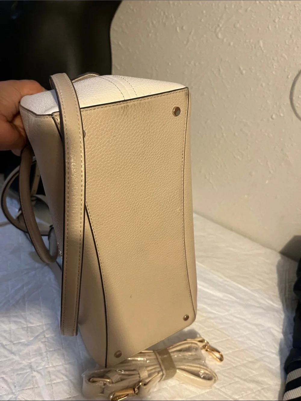 kate spade Neutral Beige Pebbled Leather Satchel with Detachable Strap